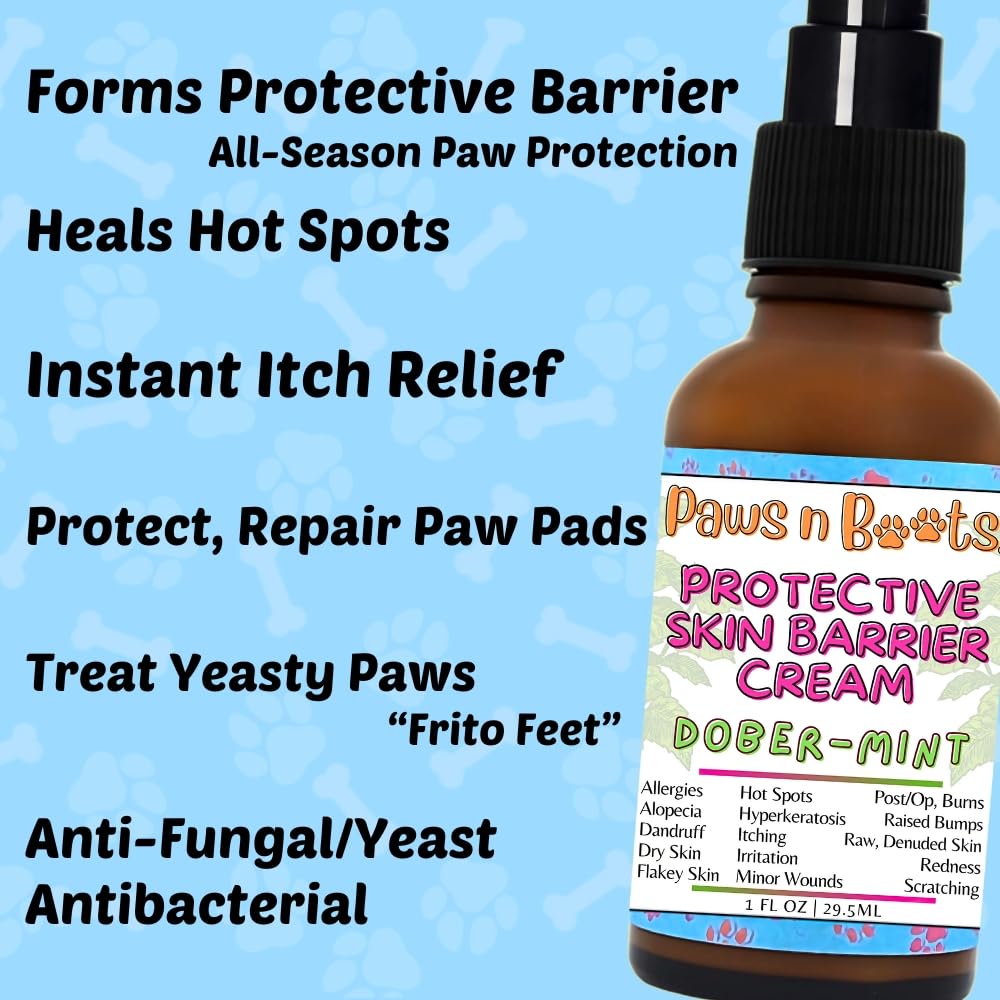 Protective Skin Barrier Cream Best Itchy Skin Relief for Dogs. Holistic Treatment, 100% Natural. Fast-Drying, Mess-Free Enriching Antioxidants, Relieves Itching, Hot Spots, Paw-Licking. Dober-Mint