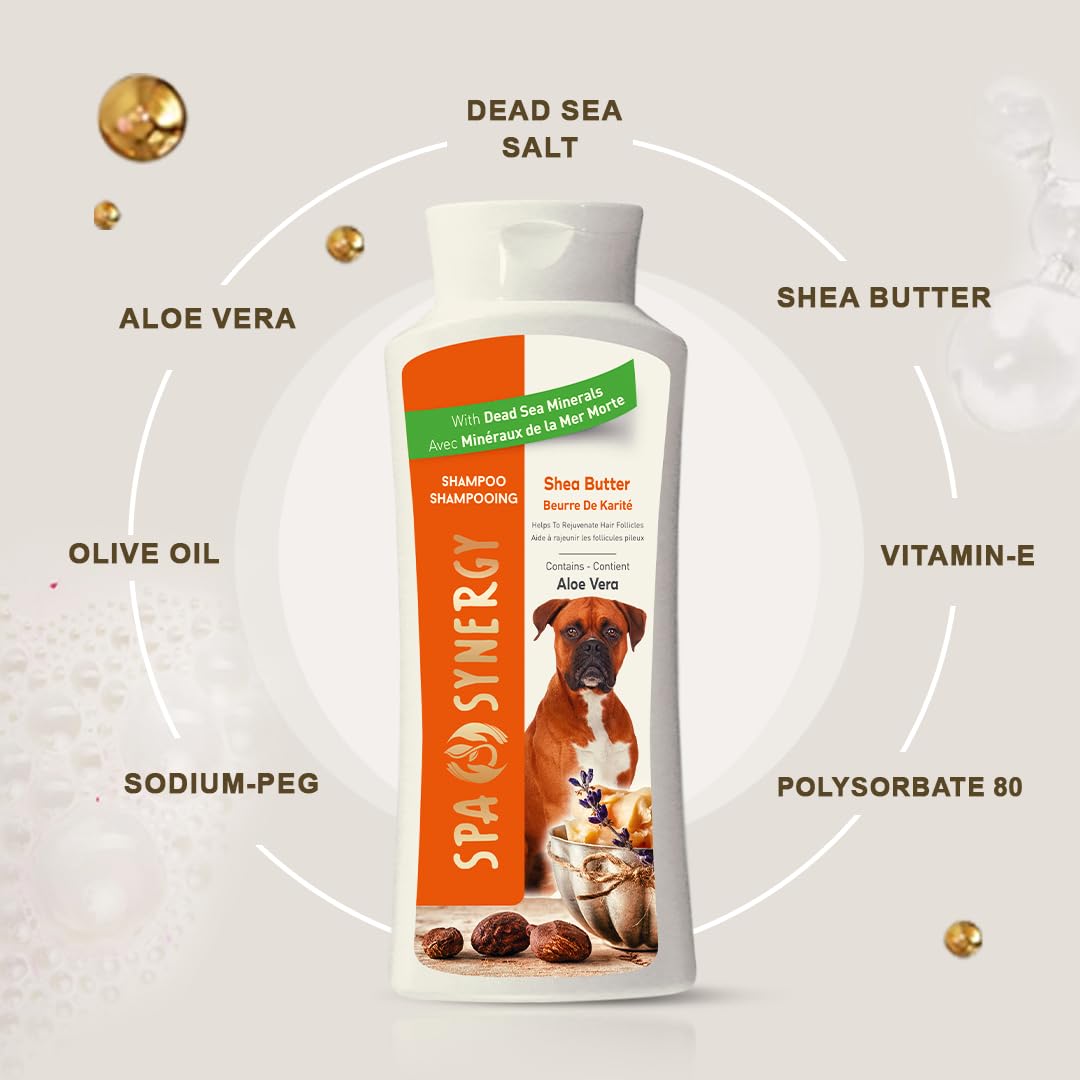 Spa Synergy Pet Dog Shampoo Natural Dead Sea Mineral Rich, Aloe Vera & Vitamin-E, Rejuvenate Hair Follicles, Emolliate Hair & Skin – Shea Butter - (1) Bottle 16.5 FL OZ