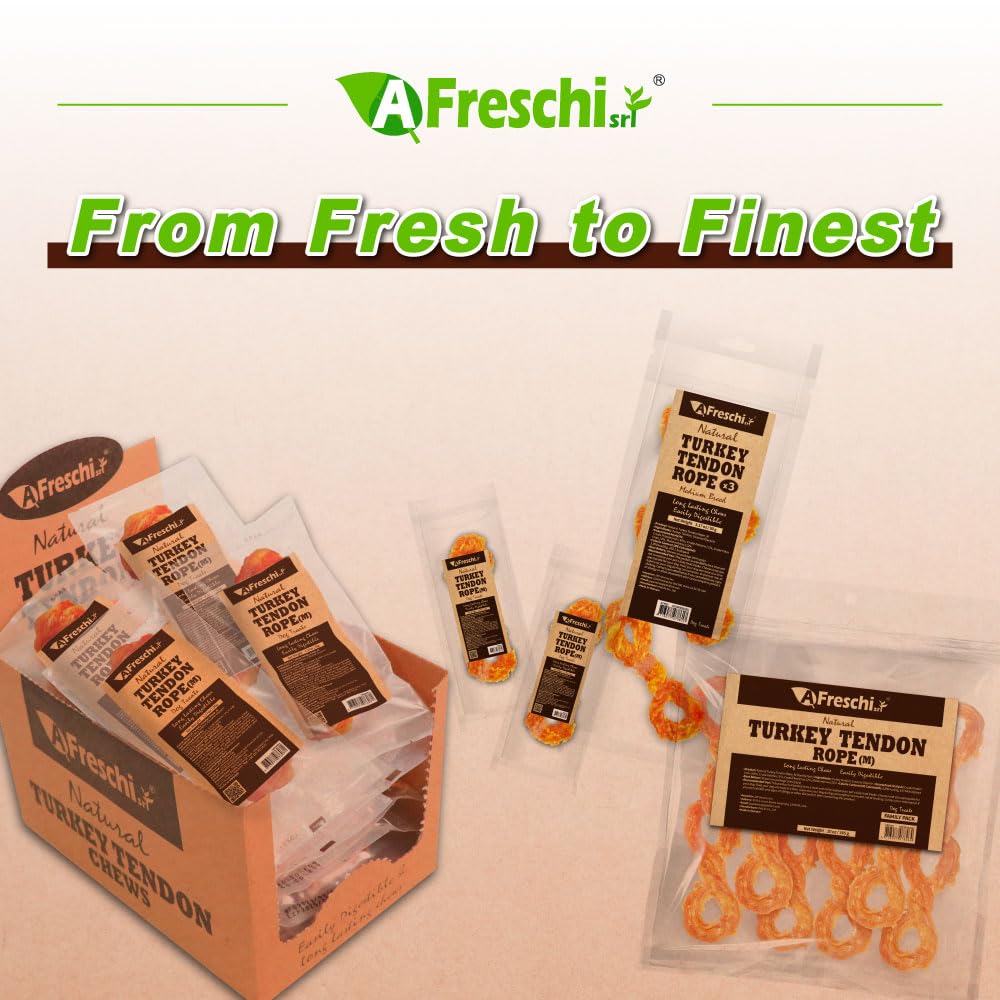 AFreschi Turkey Tendon Rope (M) 3.17 oz, USA-Sourced Turkey Tendon, All Natural Human Grade Dog Chew, Hypoallergenic, Rawhide Alternative, Dog Treats for Medium Breeds