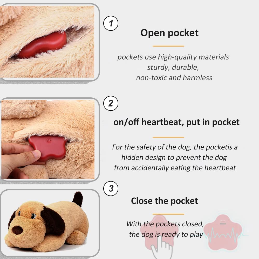 Dog Heartbeat Toy for Puppy Anxiety Relief, Heartbeat Stuffed Animal Heartbeat Plush Toy for Small, Medium, and Large Dogs (Beige)