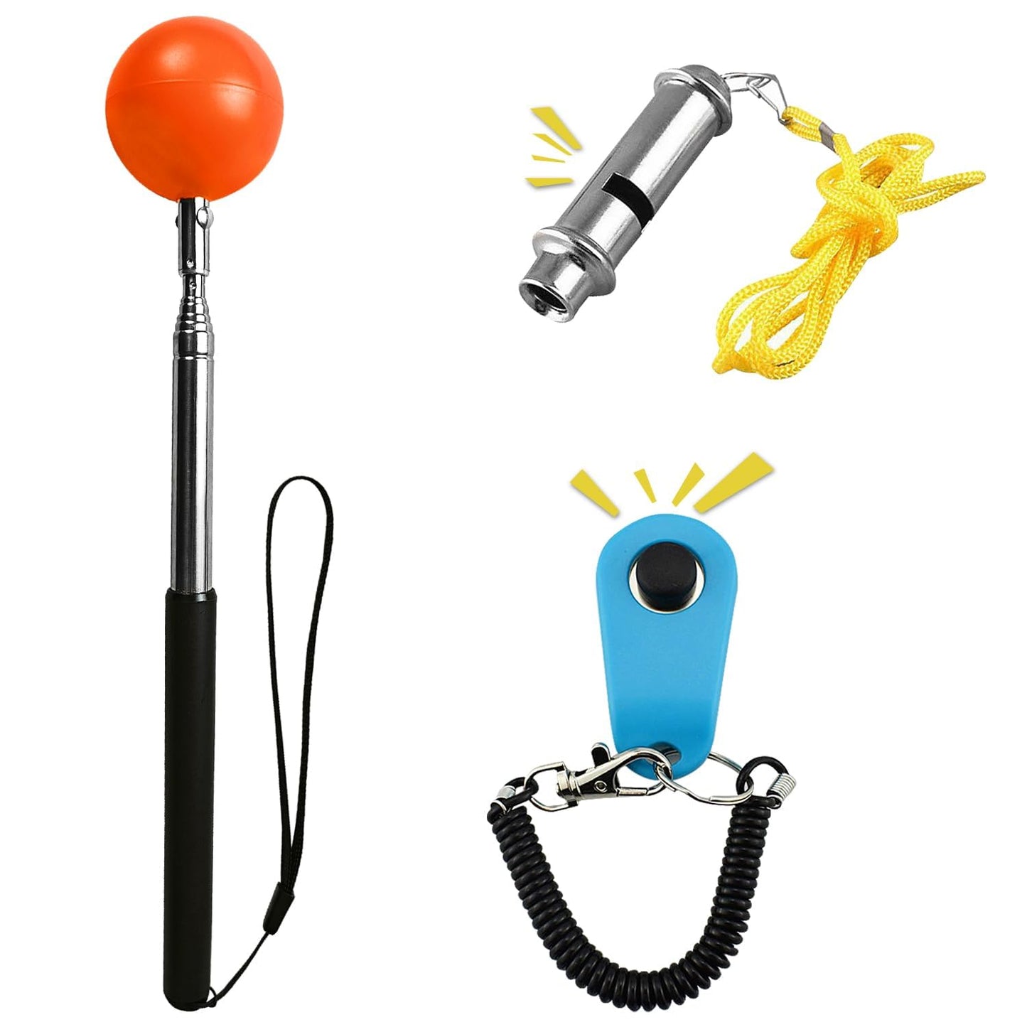 3Pack Set - Dog Clicker for Training, Retractable Target Stick, Whistle for Lure Course, Agility Equipment Tools for Dog Trainer, Cat Toilet Trainer Kit, Accessory for Pet Puppy Kitten Behavior Aids