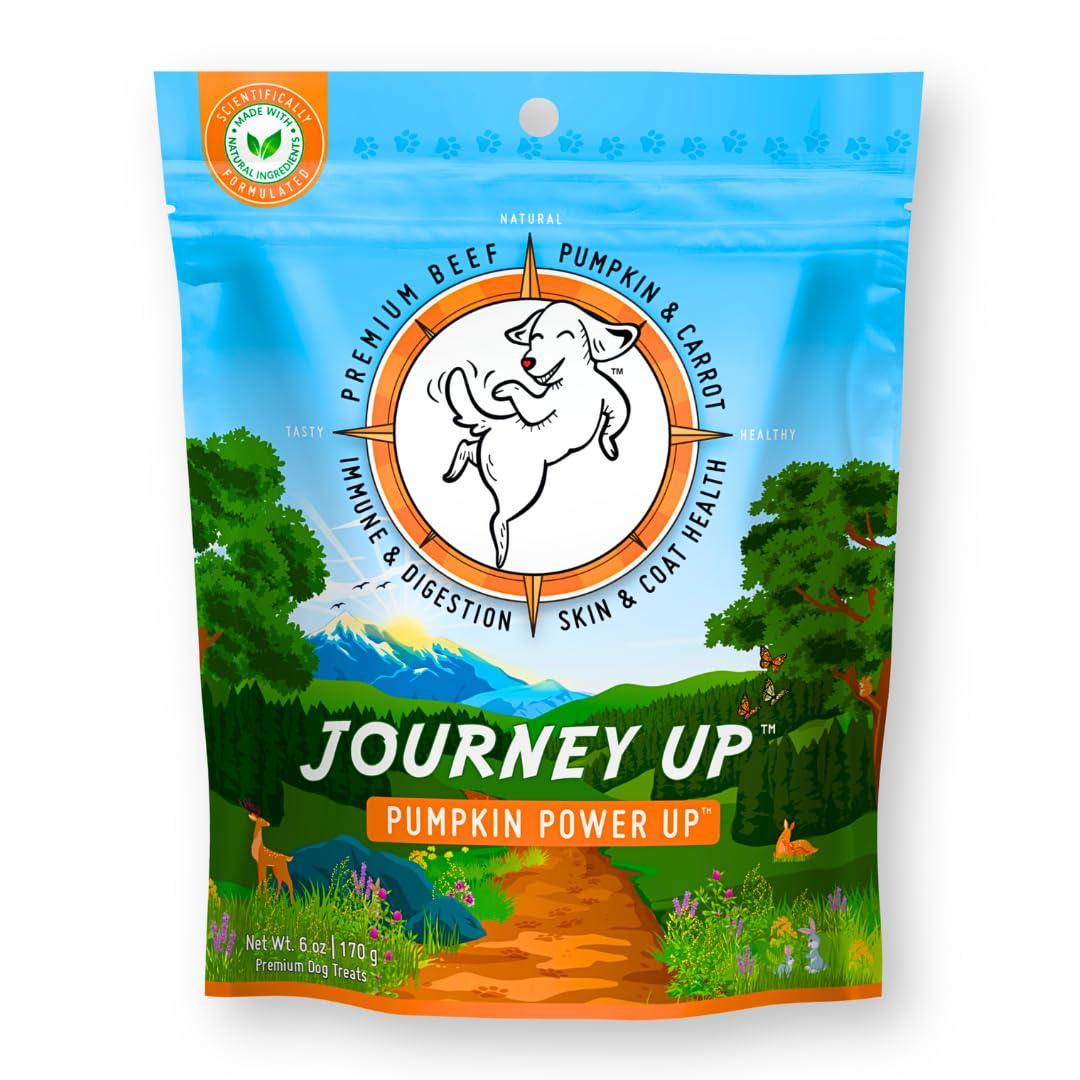 HappyTails Journey Up, Pumpkin Power Up Jerky Treats for Dogs with Beef, Pumpkin & Carrots-Made in USA-Prebiotics for Gut & Immune Health, Omega 3 & 6 for Skin & Coat, Small-Large Dogs, 6 oz.