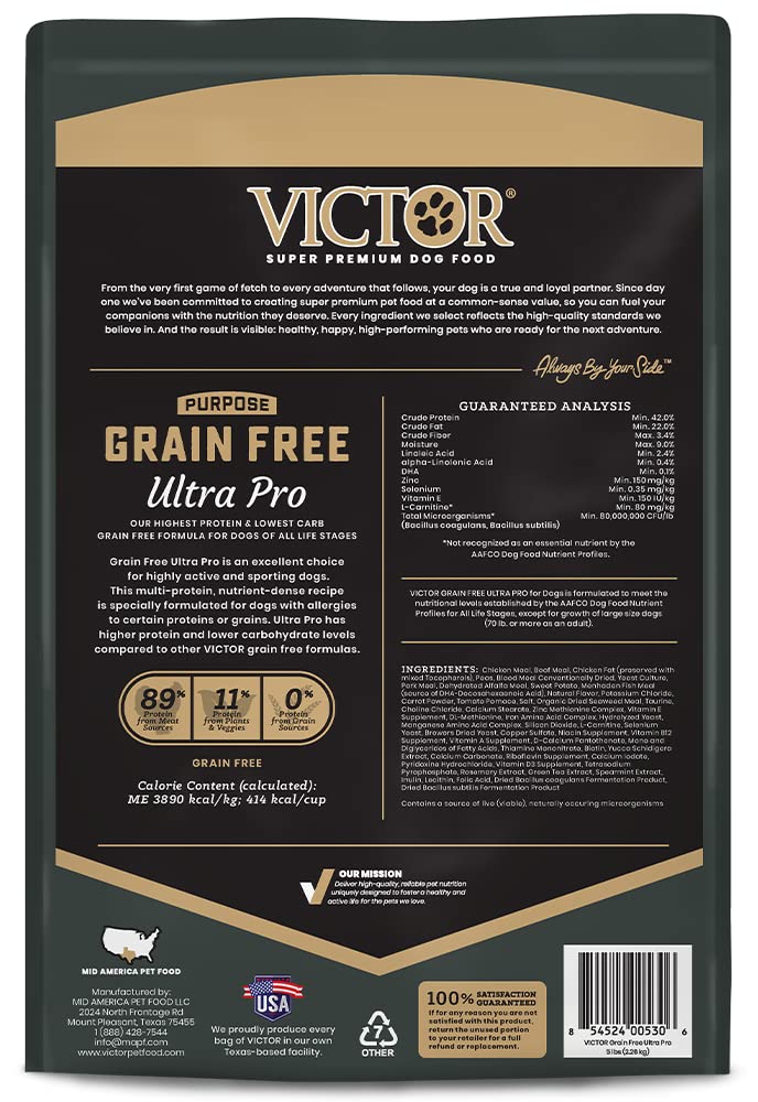 VICTOR Super Premium Dog Food – Grain Free Ultra Pro Kibble – High Protein, Low Carb for Active Dogs – 42% Protein Kibble for Sporting Dogs of All Breeds & Sizes, 5 lb