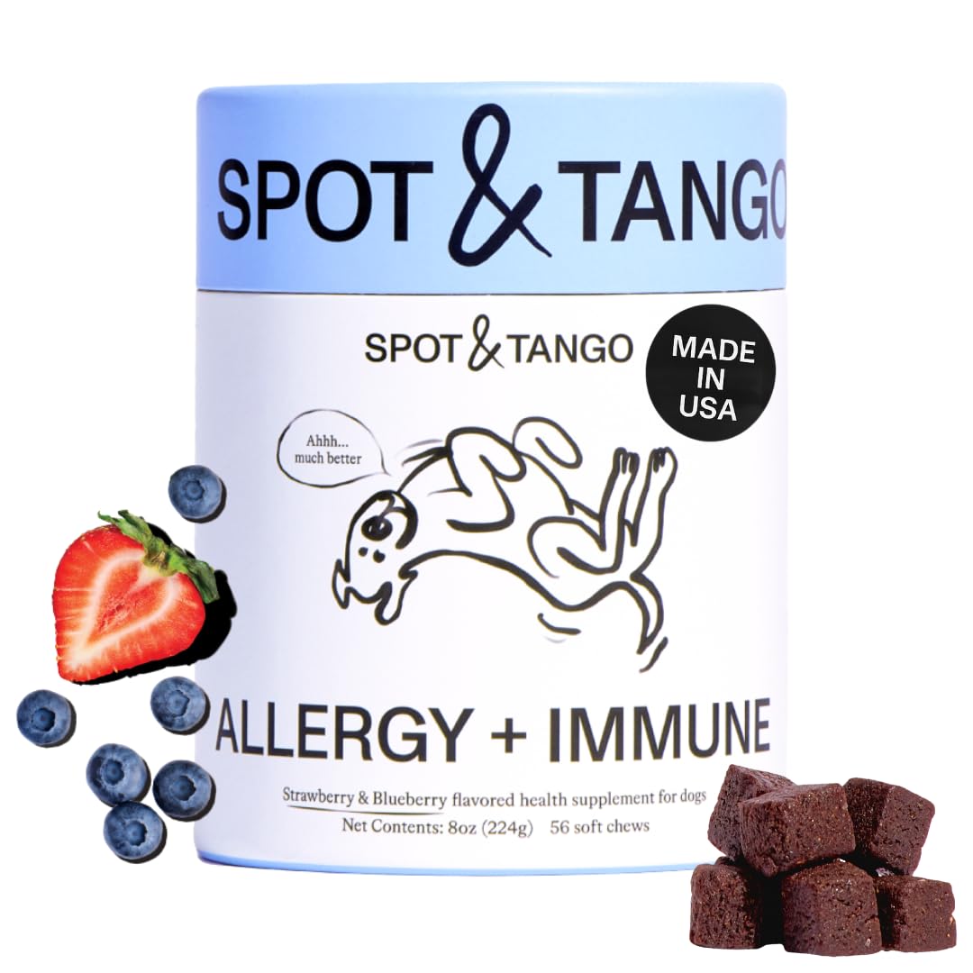 Spot & Tango Allergy + Immune Supplement for Dogs - Vet-Approved For Itchy Skin & Allergy Relief - Wild Alaskan Salmon Oil, Omega-3, Primrose Oil, Biotin - Real Strawberry & Blueberry Flavor, 56 Count