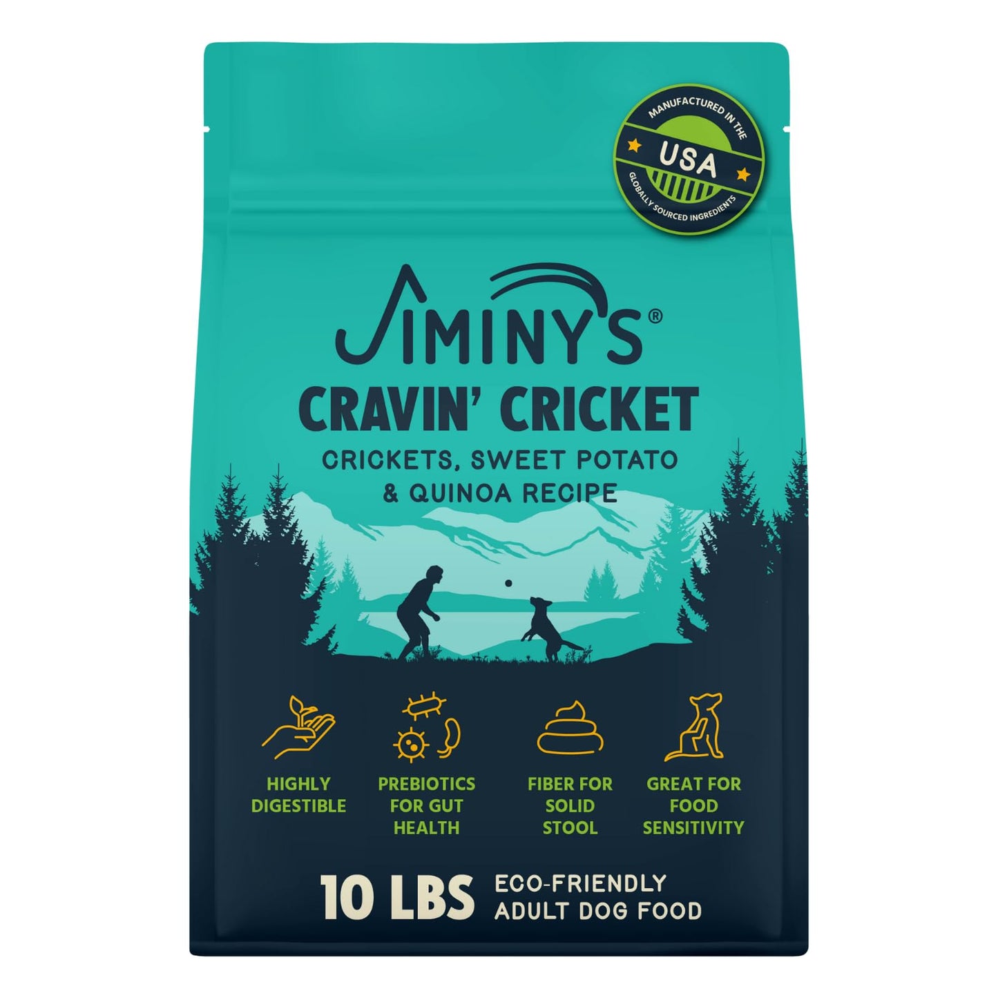 Jiminy's Cravin' Cricket Dry Dog Food, Sensitive Stomach, Improved Gut Health, Probiotic & Prebiotic, Hypoallergenic, Lower Carbon Footprint, Made in USA, 10lb Bag (Pack of 1)