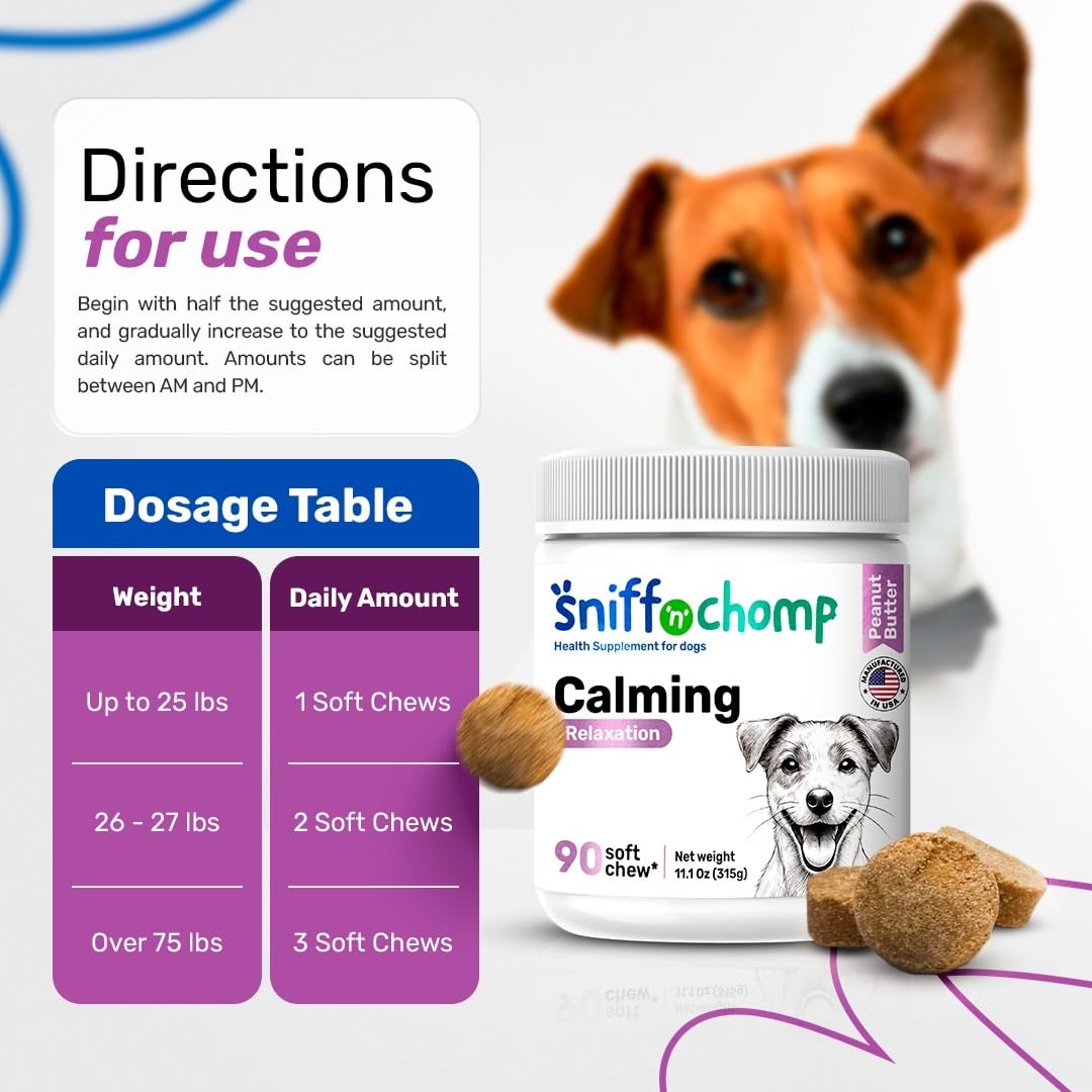 Sniff 'n' Chomp Calm Chews for Dogs Anxiety, Natural Anxiety and Stress Relief, Dog Fireworks Relief, Melatonin for Dog Sleep Aid, Calming Chews for Dogs, Peanut Butter Flavor, 90 Units.