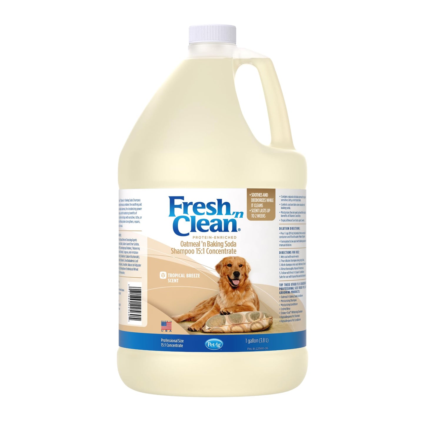 PetAg Fresh ’n Clean Oatmeal ’n Baking Soda Shampoo - Tropical Breeze Scent (15:1 Concentrate) - 1 Gallon - Nurtures Dry, Itchy Skin with Vitamin E & Aloe - Strengthens & Repairs - Soap Free