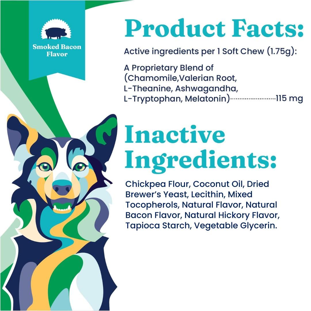 Solid Gold Calming Chews for Dogs - Dog Calming Chews W/Melatonin for Separation, Stress & Hyperactivity Relief - Supports Relaxation for Travel, Fireworks & Storms - All Ages & Sizes - Bacon - 60ct