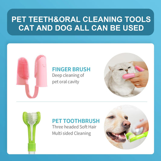 5-in-1 Puppy Bathing Supplies– Pet Bathing Glove, Three-Sided Toothbrush, Double-Sided Detangling Comb, Double-Row Grooming Comb, and Finger Toothbrush for Dogs and Cats – Pet Care Kit