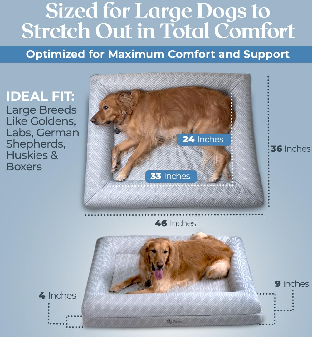 Big Paws Large Cooling Orthopedic Dog Bed for Large Dogs - Ice Silk Cooling Cover, 5 Waterproof Liners, Non-Slip Bottom, Raised Bolsters, Machine Washable Dog Bed - Gray