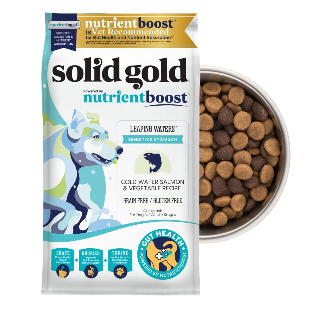 Solid Gold Salmon Dog Food for Sensitive Stomachs – Grain Free & Gluten Free Kibble w/Probiotics to Support Gut Health & Digestion - Sensitive Stomach Dog Food for All Ages – Nutrientboost™ – 3.75 LB