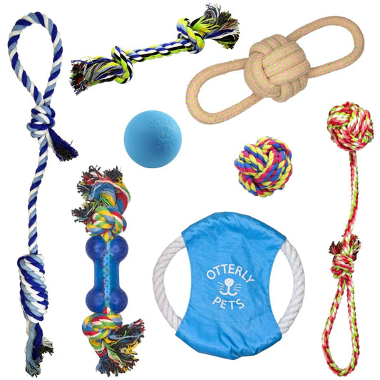 Otterly Pets Dog Toys (8-Pack) - Assorted Tough Ropes and a Single Near Indestructible Natural Rubber Ball for Small to Medium Dogs