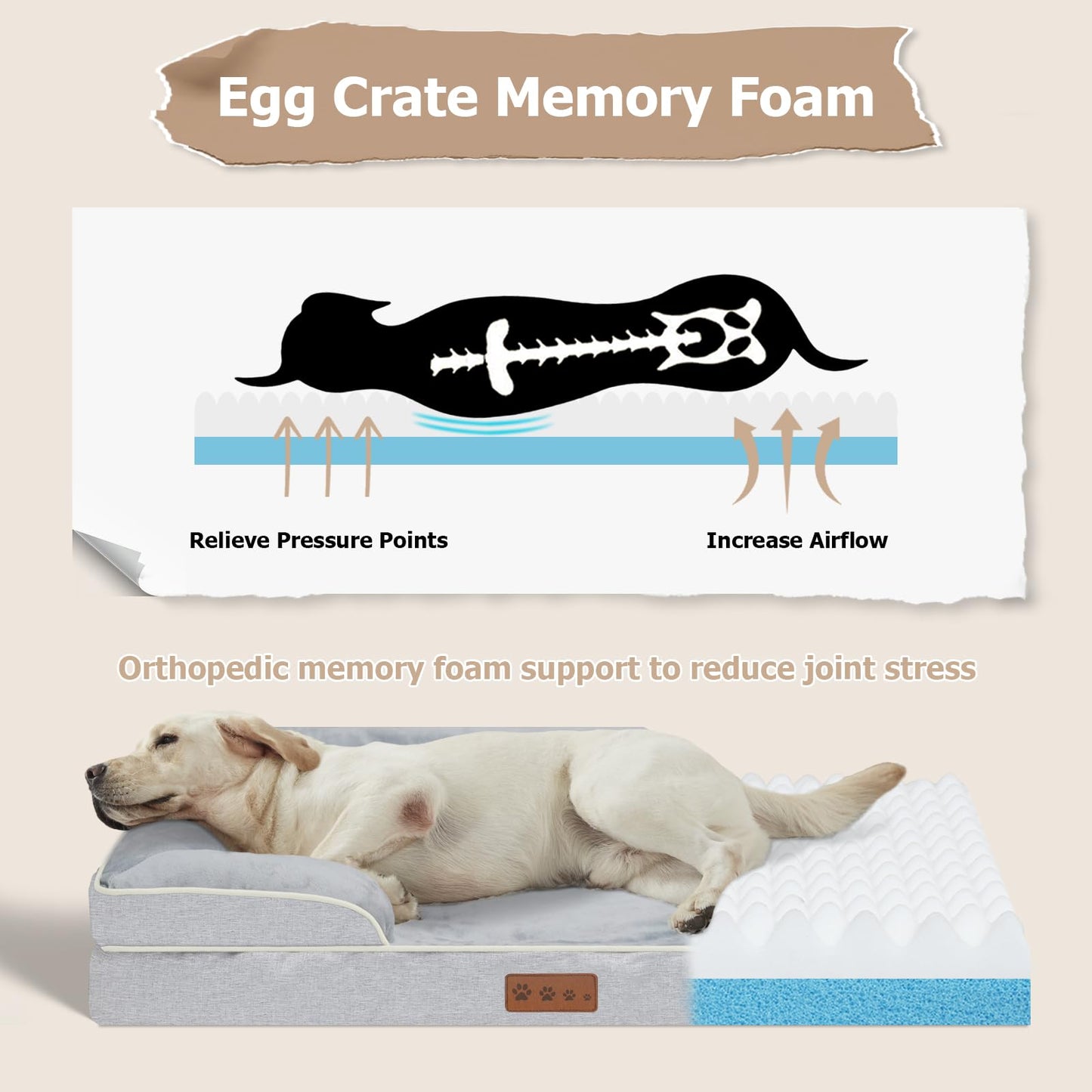 Dokdogs Orthopedic Dog Beds Large Sized Dogs - Waterproof Memory Foam Pet Bed for Couch with Removable Washable Cover & Nonskid Bottom, Big Dog Sofa Bed (L, Grey)