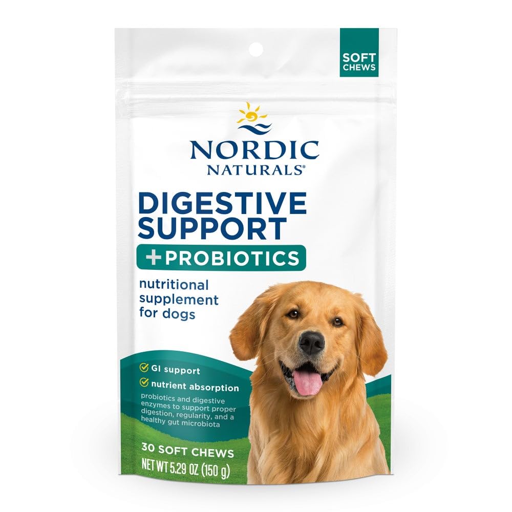 Nordic Naturals Pet Digestive Support with Probiotics, Pork Bone Broth Flavor - 30 Soft Chews - Nutritional Supplement for a Healthy Digestive System and GI Support - 30 Non-GMO Chews