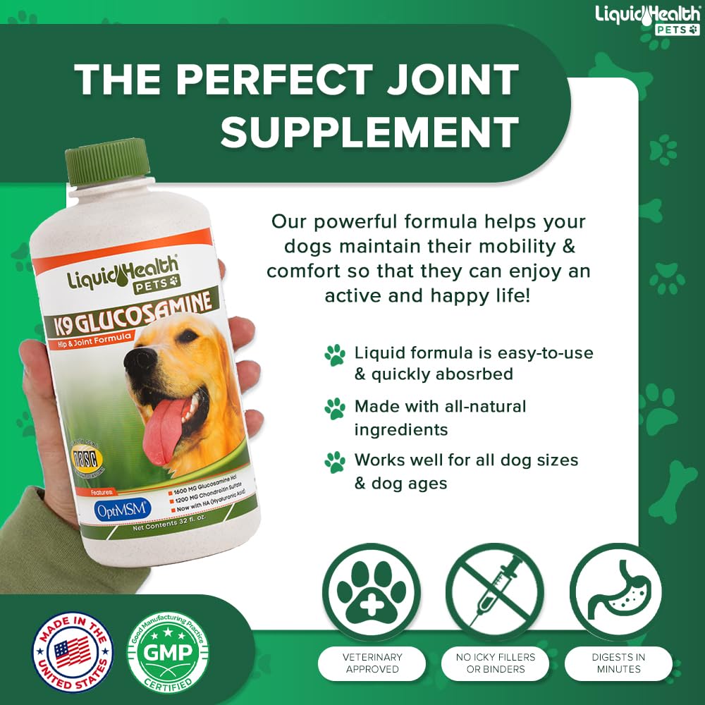 LIQUIDHEALTH Pets K9 Liquid Glucosamine for Dogs, Puppies, Senior Canines with Chondroitin, MSM, Hyaluronic Acid - Dog Vitamins for Hip & Joint Health, Dog Joint Oil, Joint Juice - Made in USA (32 oz)