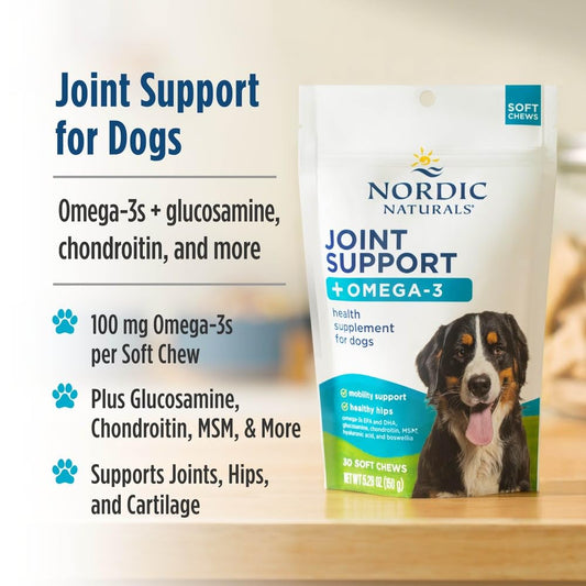 Nordic Naturals Pet Joint Support + Omega 3 Soft Chews for Dogs, Pork Bone Broth Flavored - Promotes Mobility, Hip and Joint Support with Omega-3 Fish Oil, MSM, EPA & DHA - 30 Non-GMO Chews