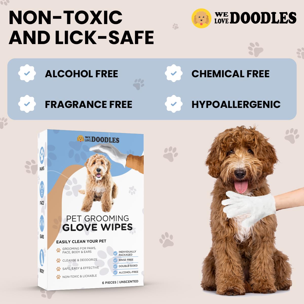 We Love Doodles Dog Gloves Wipes & Dog Shampoo Bundle - Pet Bathing Wipes for Dogs, Paws, Face, Body, Ears, Shampoo for Dogs Matted Pet Hair, Sensitive Skin Shampoo for Puppies