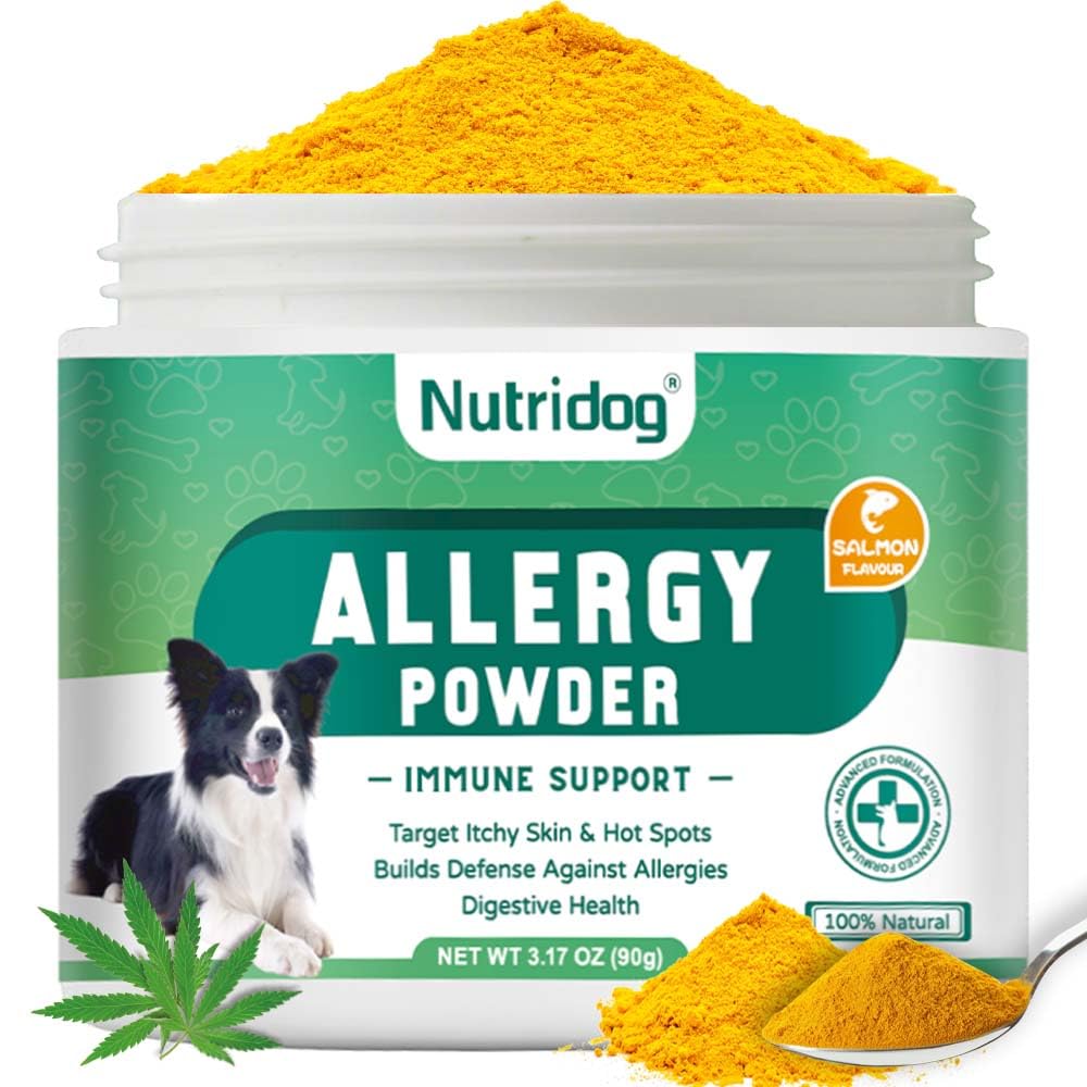 Nutridog Allergy Powder for Dogs, 90g Salmon Flavor - Itch Relief & Immune Support with Probiotics, Quercetin & Salmon Oil | Vet-Approved Formula for Seasonal Allergies & Sensitive Skin (Salmon)