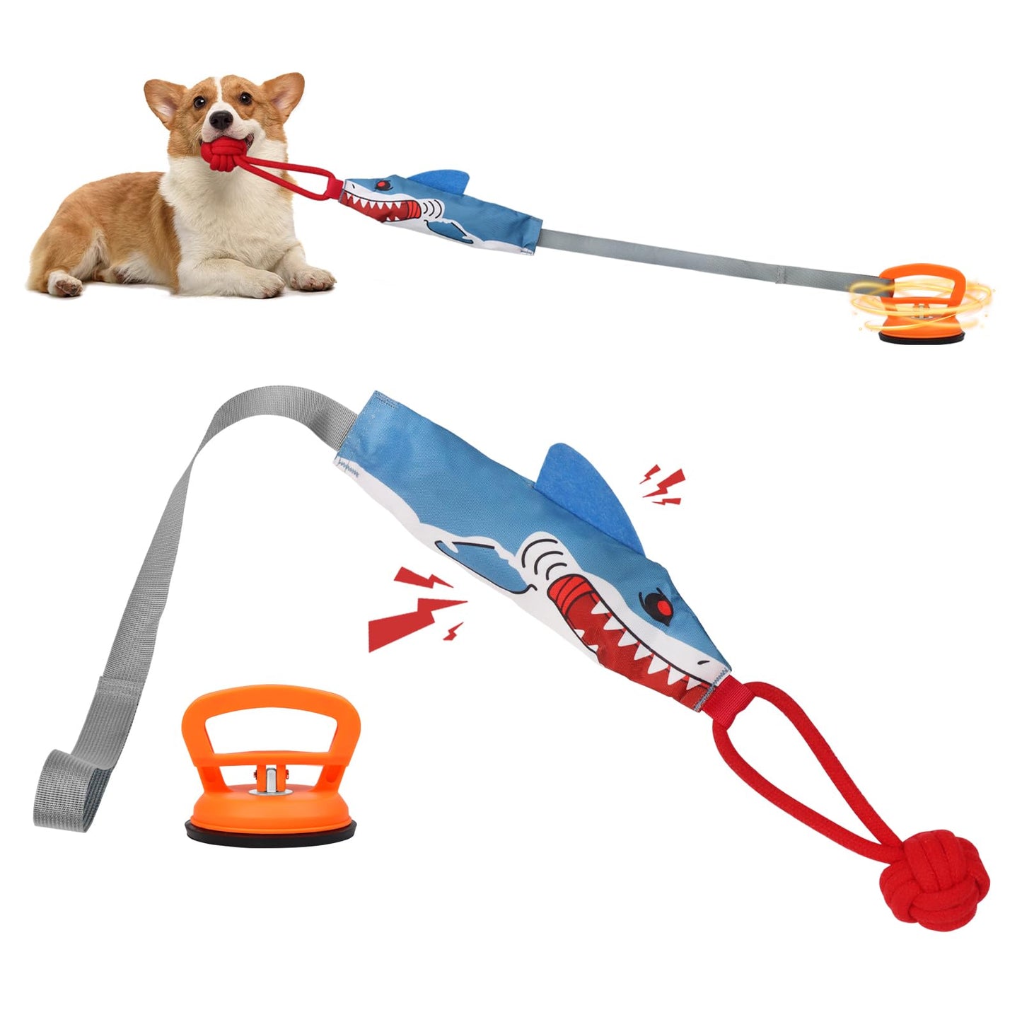 Kyakya Tug of War Dog Toy with Suction Cup, Squeaky Shark Shaped Dog Rope Toy for Interactive Training and Aggressive Chewers, Ideal for All Breeds Indoor and Outdoor Play