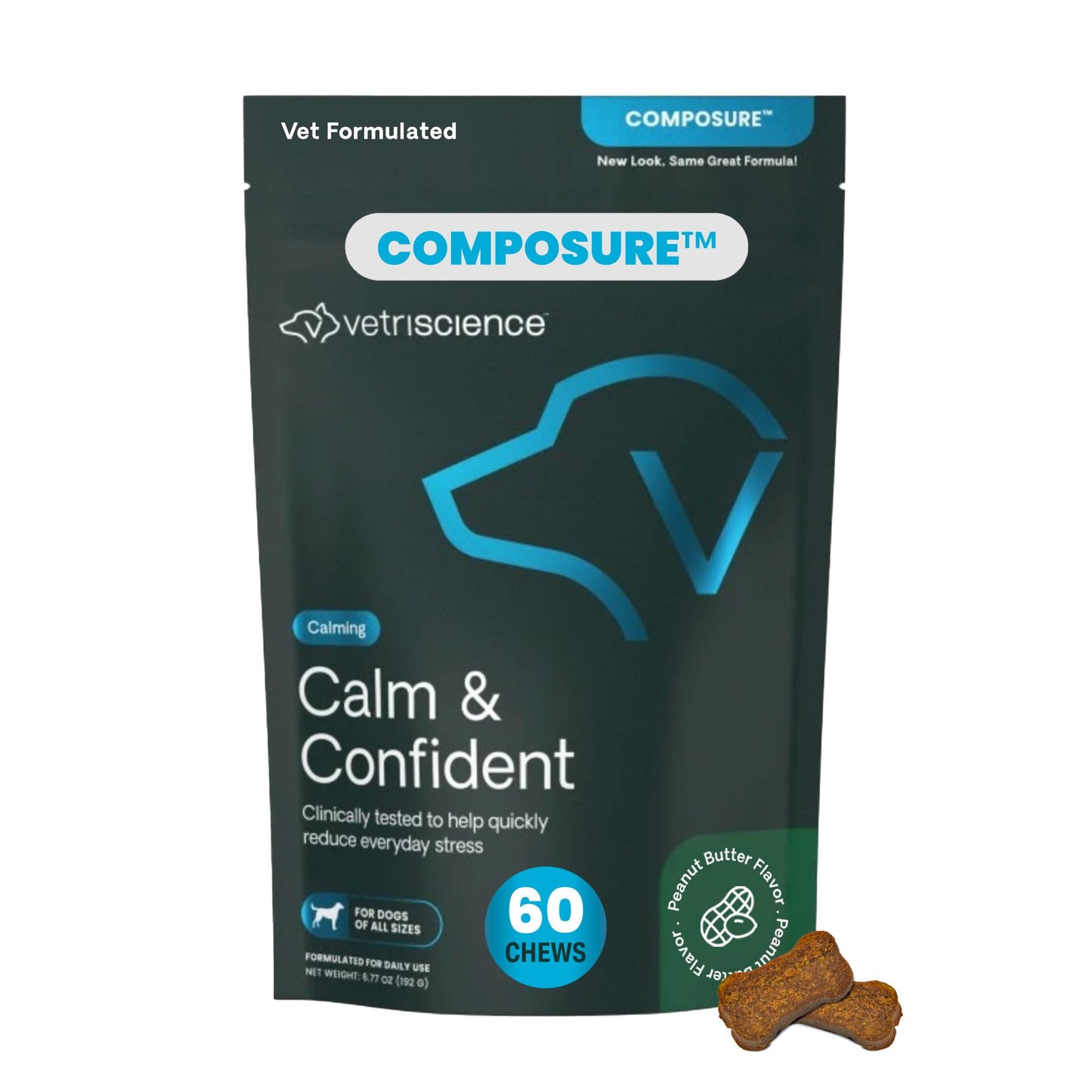 VetriScience Calm & Confident Chews, Composure Clinically Tested Anxiety and Calming Chews for Dogs, Reduce Stress, Ideal for Thunderstorms, Fireworks and Travel, Peanut Butter, 60 Count
