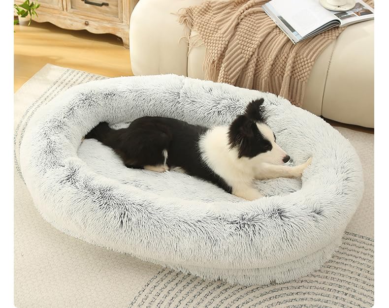Glow Pups Calming Dog Bed, Egg Crate Dog Bed with Memory Foam Bolster, Luxurious Faux Fur Cozy Oval Design, Machine Washable Removable Cover, Non-Slip Base, Light Grey (23.6" x 19.6" x 7")