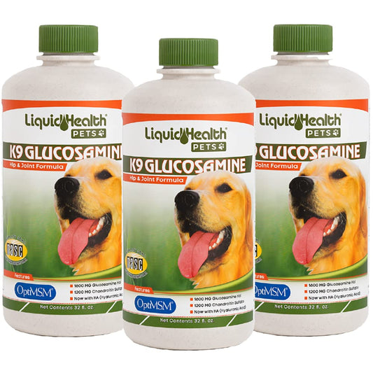 LIQUIDHEALTH Pets K9 Liquid Glucosamine for Dogs, Puppies, Senior Canines with Chondroitin, MSM, Hyaluronic Acid - Dog Vitamins for Hip Joint Health, Dog Joint Oil, Joint Juice - Made in USA (3 Pack)