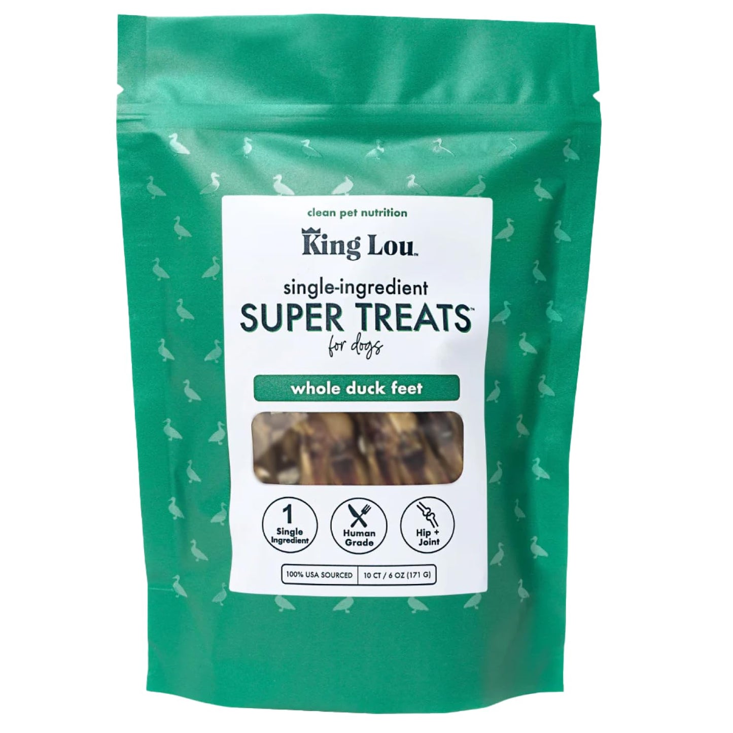 King Lou Pets - Whole Duck Feet for Dogs - Dehydrated Duck Dog Treats - USA-Made Dental Treats for Dogs - Collagen, Glucosamine, Chondroitin for Hip and Joint Health - 10 Count