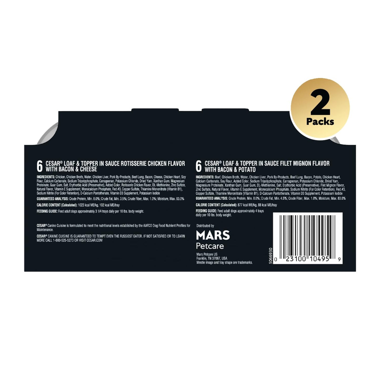Cesar Wet Dog Food Loaf in Sauce Rotisserie Chicken Flavor with Bacon & Cheese and Filet Mignon Flavor with Bacon & Potato Variety Pack, 3.5 oz. Easy Peel Trays (12 Count, Pack of 2)