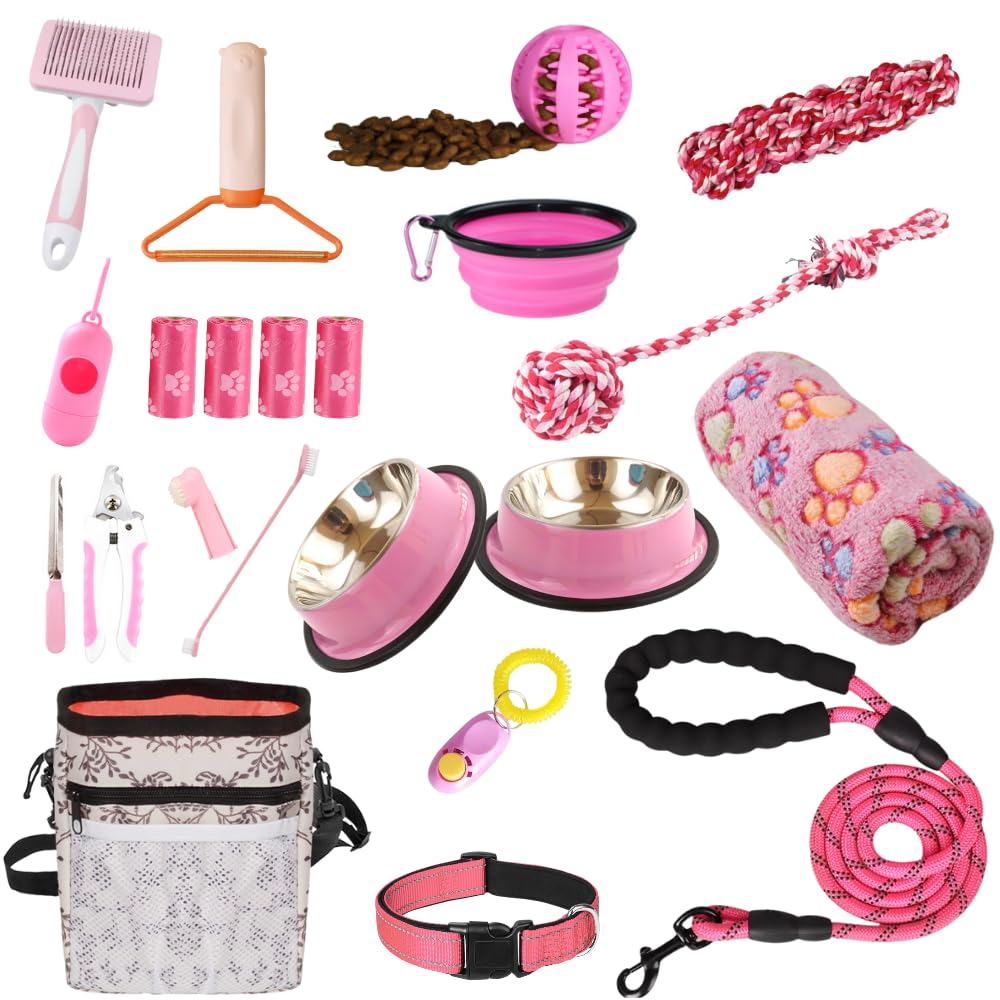 PUPLUXE PREMIUM PET PRODUCTS PupLuxe Puppy Starter Kit | Pink 22 Piece Great for Dog Training A Welcome Gift New First Time Owners and Experience Bundle