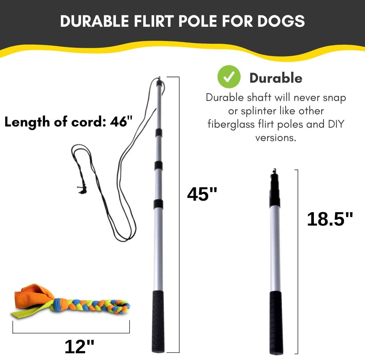 YES4QUALITY Flirt Pole for Dogs - Safe & Strong for Large Breeds w/Non-Bungee Cord - Spring Pole for Tug of War, Interactive Play & Puppy Training - Heavy-Duty Teaser Wand for Outdoor Exercise