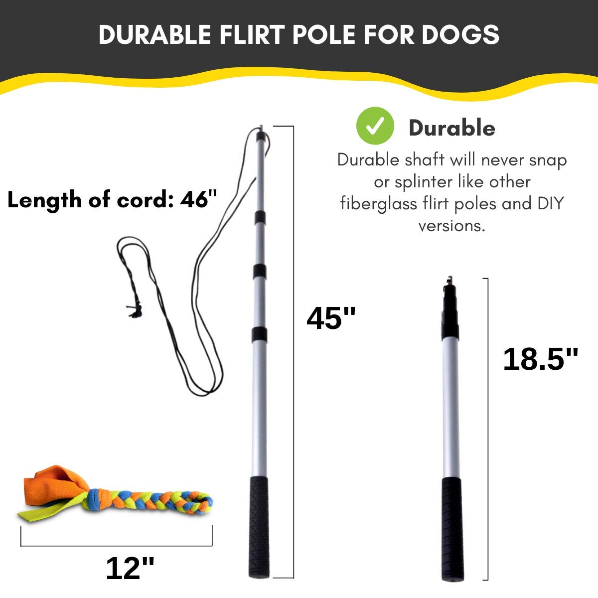 YES4QUALITY Flirt Pole for Dogs - Safe & Strong for Large Breeds w/Non-Bungee Cord - Spring Pole for Tug of War, Interactive Play & Puppy Training - Heavy-Duty Teaser Wand for Outdoor Exercise