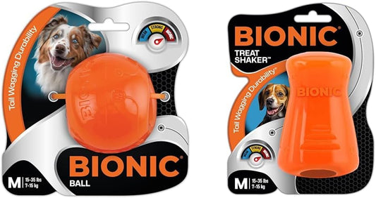 BIONIC Dog Toy Bundle - Medium Ball & Treat Shaker - High-Visibility, Durable Interactive Chew Toys for Dogs 15-35 lbs.
