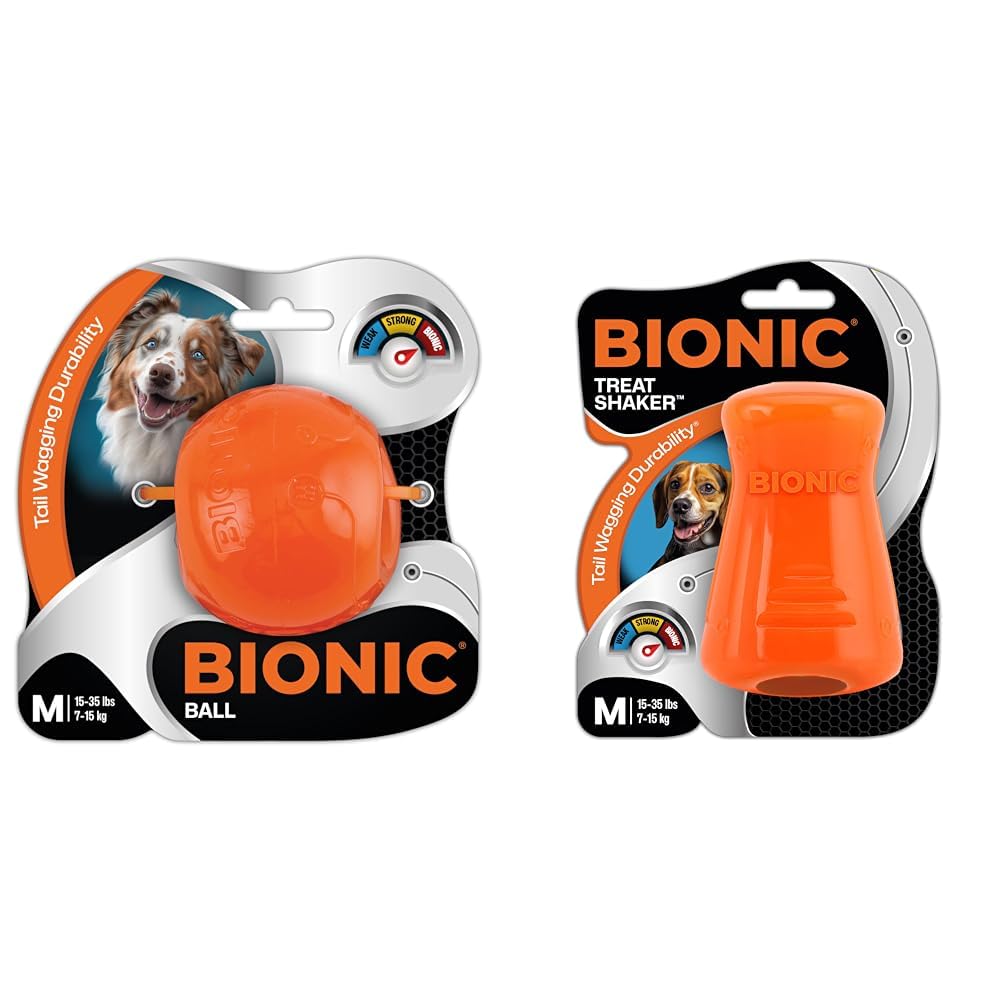 BIONIC Dog Toy Bundle - Medium Ball & Treat Shaker - High-Visibility, Durable Interactive Chew Toys for Dogs 15-35 lbs.