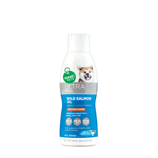 GNC Pets Ultra Mega Wild Salmon Oil Liquid Dog Supplement in Chicken Flavor, Advanced Natural Support for Glossy Coat & Joint Health, Healthy Pet Supplements with Omega-6, 16 Fl Oz