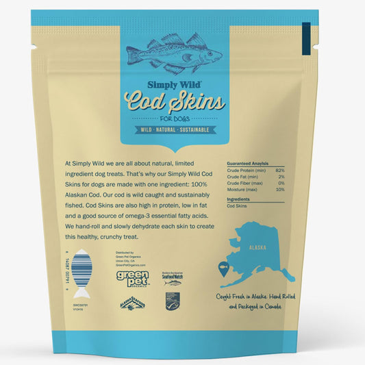 Simply Wild Cod Skins Alaskan Cod Fish Training Treats for Dogs-Dehydrated Fish, All Natural Human Grade Skins - Low Fat Treat Sustainably Sourced in USA (6.6 Oz)