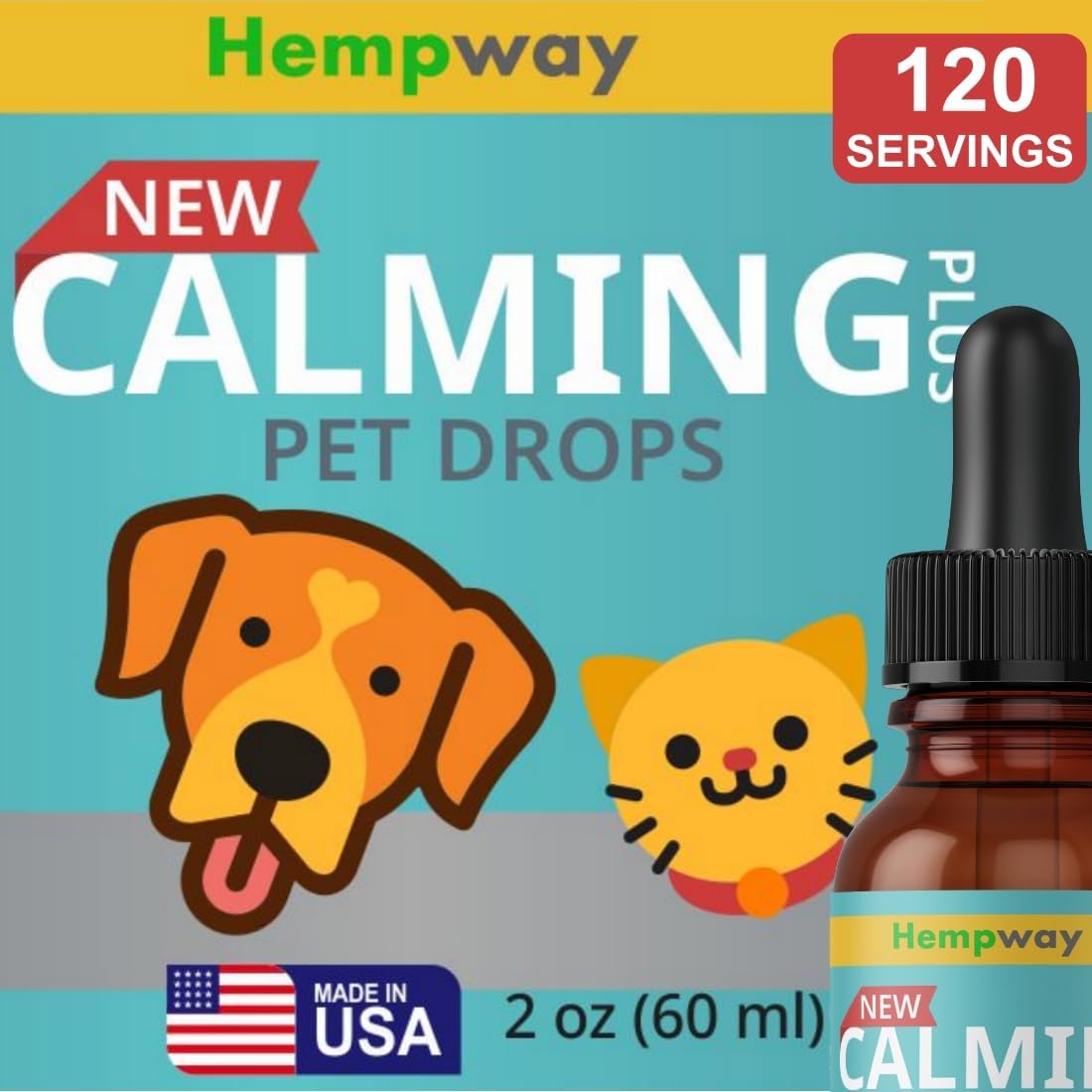 HEMPWAY Dog Cat Calming Drops Organic Made in USA | Anti-Separation Natural Dog Cat Calming Formula for Well-Being and Comfort | Bacon Flavor 4 oz (120 ml) - 120 Servings