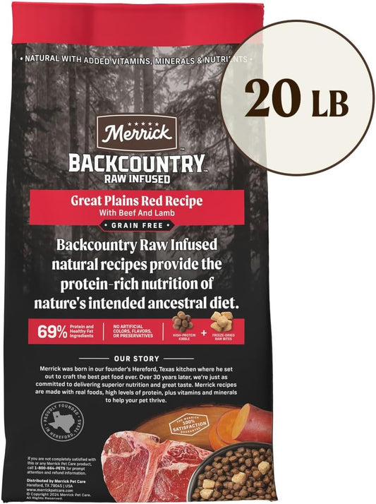 Merrick Backcountry Grain Free Dry Adult Dog Food Kibble With Freeze Dried Raw Pieces, Great Plains Red Recipe - 20.0 lb. Bag