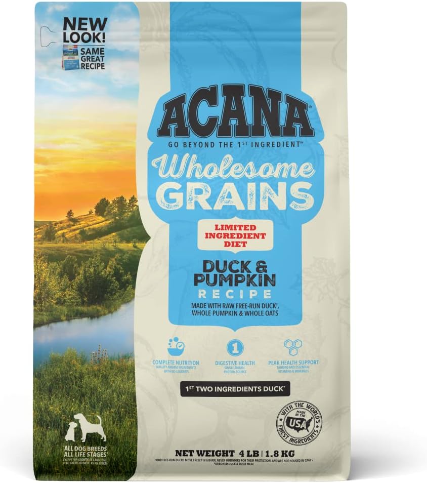 ACANA Wholesome Grains Limited Ingredient Diet Dry Dog Food, Duck & Pumpkin Recipe, Single Protein Duck Dog Food, 4lb