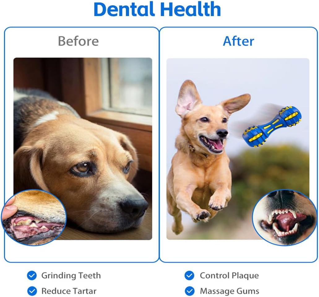 AUSCAT Teething Dog Toys, Durable Squeaky Dog Toys, Rubber Chew Toys for Dogs, Dumbbell Shape, Blue