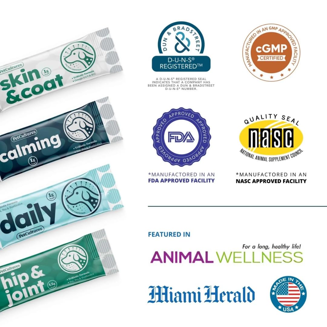 PetCultures Calming Synbiotic Formula - with L-Theanine, L-Tryptophan, Probiotics, and B-Vitamins in 30 Packs