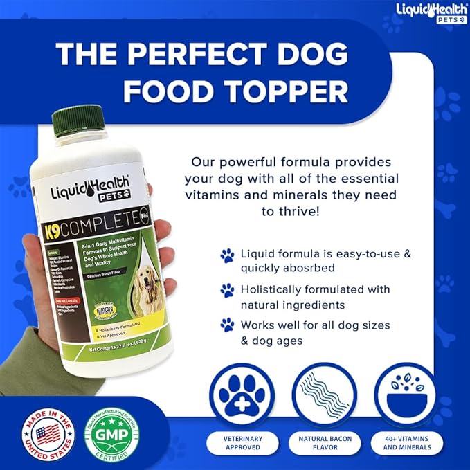 LIQUIDHEALTH Pets K9 Complete 8-in-1 Liquid Multivitamin for Adult Senior Dogs & Puppies, All in One Complete Formula Canine Vitamins for Skin & Coat, Joint Health, Immune Support - USA Made (32 oz)