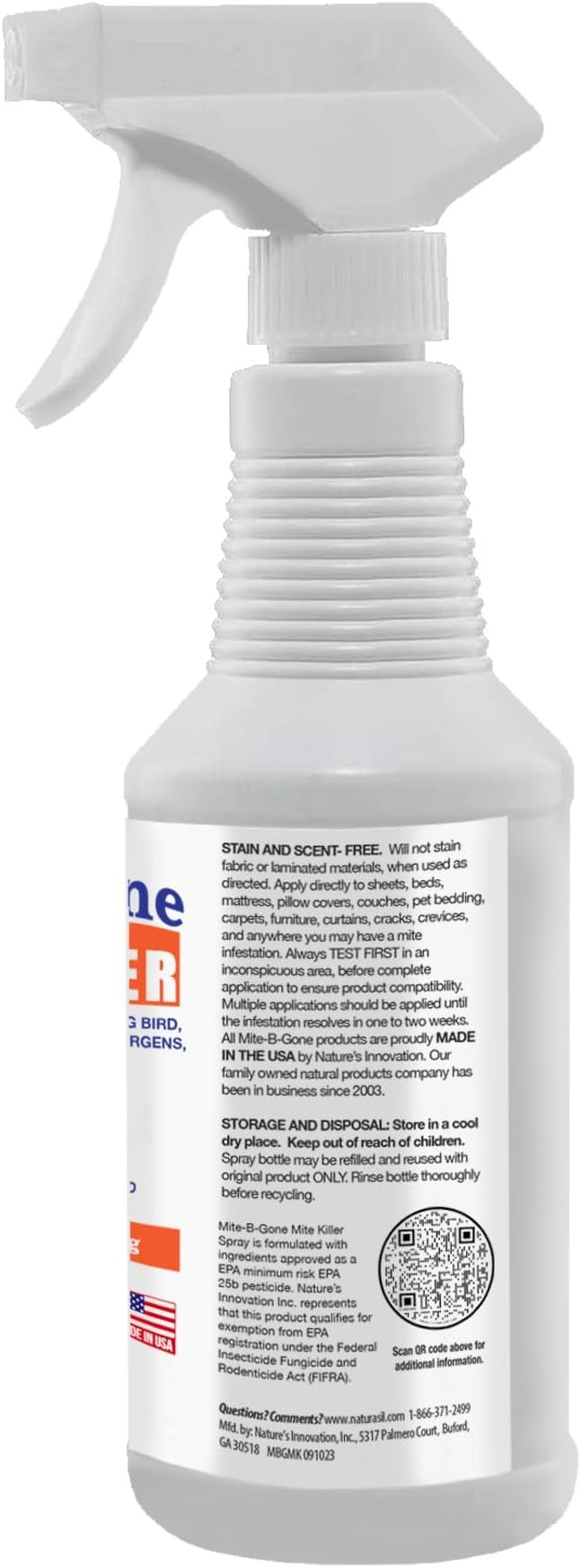 Mite Killer Spray by Mite-B-Gone Treatment — Kills Human Mites, Dust, Spider, Rat, Carpet & Bird Mites in Homes, Furniture, Bedding, Auto & On Animals | Non-Toxic | Kid & Pet Safe | 32oz Spray