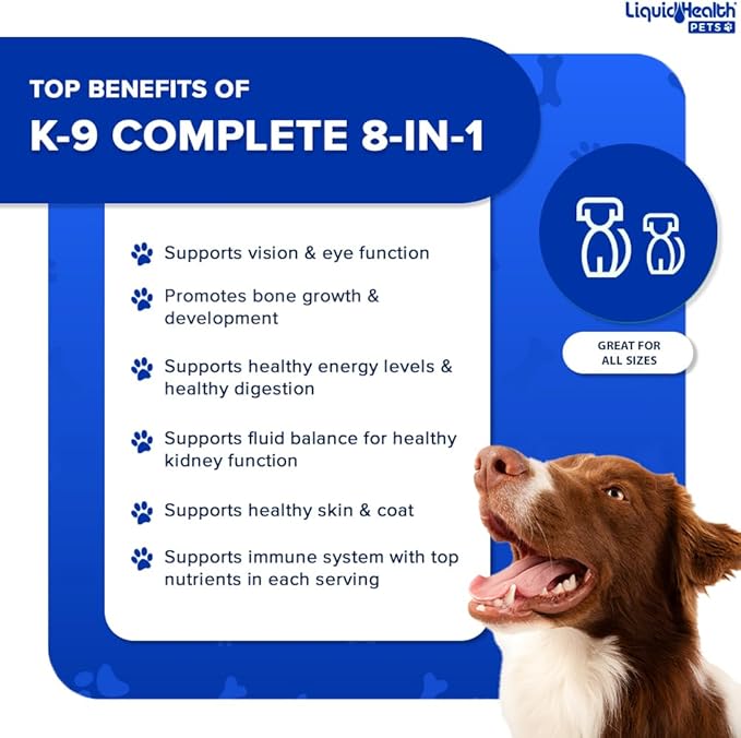 LIQUIDHEALTH Pets K9 Complete 8-in-1 Liquid Multivitamin for Adult Senior Dogs & Puppies, All in One Complete Formula Canine Vitamins for Skin & Coat, Joint Health, Immune Support - USA Made (32 oz)