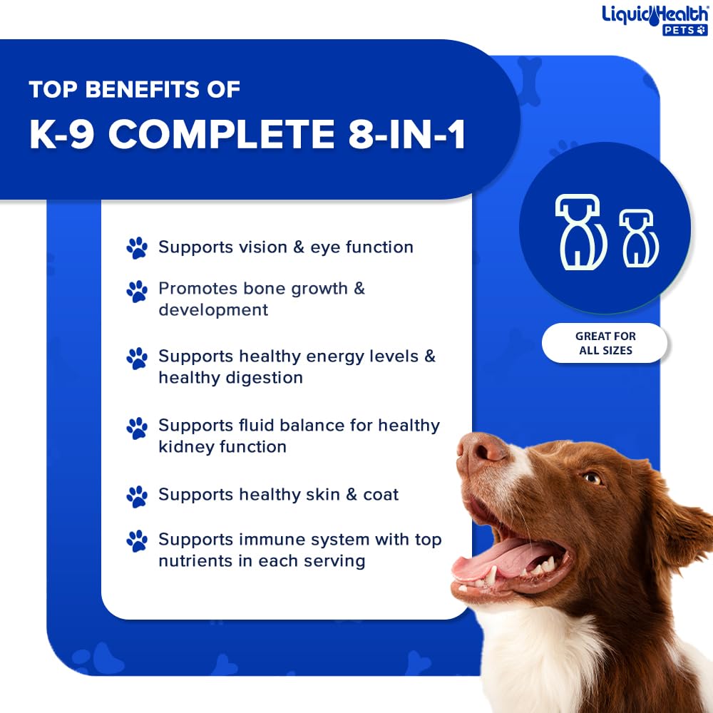 LIQUIDHEALTH Pets K9 Complete 8-in-1 Multivitamin for Dogs & Puppies & Joint Purr-Fection Hip & Joint Glucosamine Chondroitin Drops for Cats - USA Made Pet Supplements for Joint Health, Immune Support