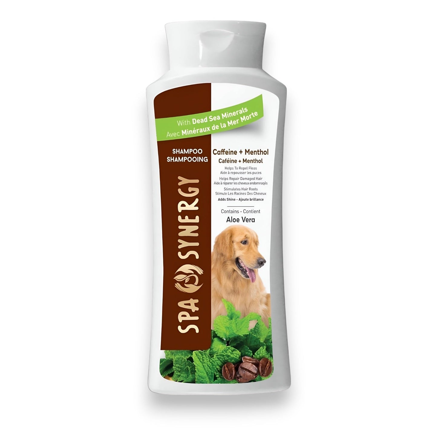 Spa Synergy Pet Dog Shampoo Natural Dead Sea Mineral Rich, Aloe Vera & Vitamin-E, Hair Repair, Stimulates Hair Roots, Refreshing - Caffeine & Menthol - (1) Bottle 16.5 FL OZ