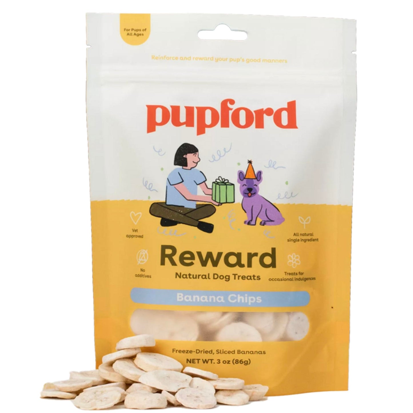 Pupford Freeze Dried Banana Chip Puppy & Dog Treats, Natural, Healthy, Low-Calorie Reward for Small, Medium, and Large Breed Dogs (3 oz)