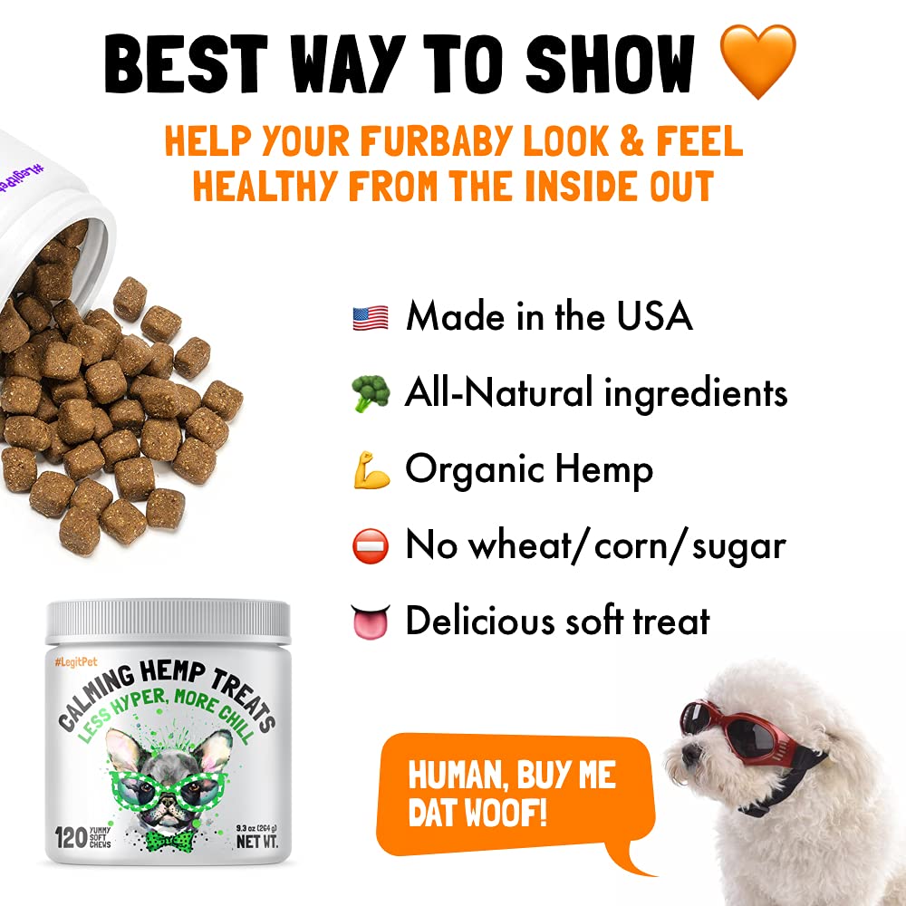Calming Hemp Treats for Dogs Made in USA Organic Hemp Natural Separation Aid Helps Barking, Chewing, Thunder, Fireworks, Aggressive Behavior Soothing Stress Relief Natural Relaxation 120 Chews