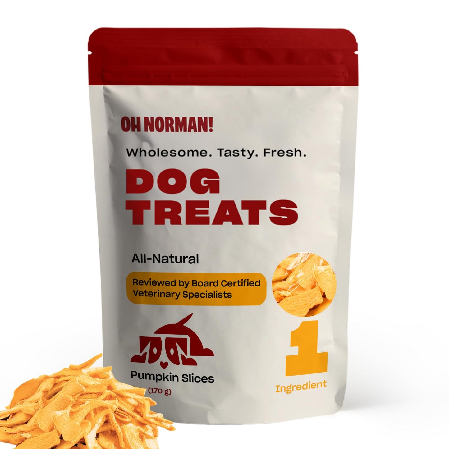 OH NORMAN! Single Ingredient Pumpkin Dog Treats by Kaley Cuoco, Healthy Dog Treats for All Life Stages and Breeds, Air Dried, Ethically Sourced in Canada, 6 Oz
