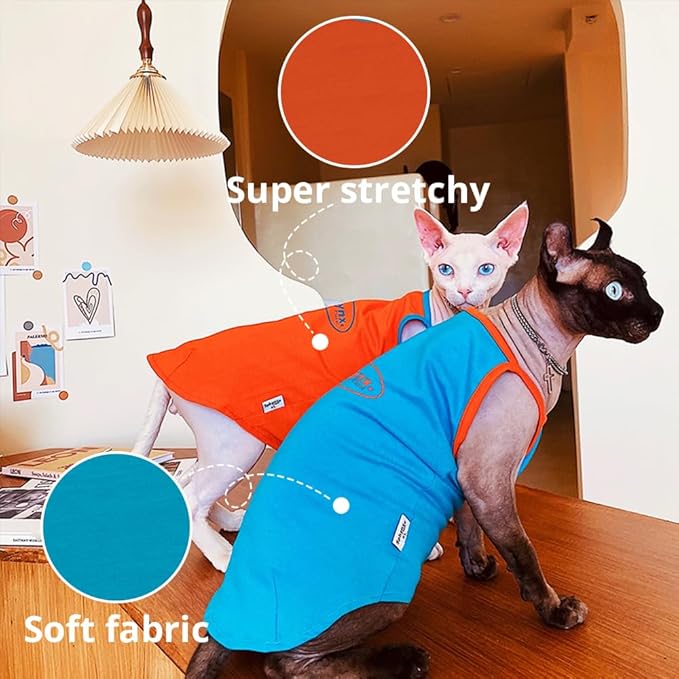 Sphynx Cat Shirt, Breathable Stretchy Cat Summer Vest, Soft Hairless Cats Shirt, Sleeveless Tanktop for Cats Only (Blue, S (2-3.5lbs))