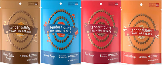 Natural Grain-Free Puppy & Dog Training Treats – Tender Tidbits (Beef, Chicken, Peanut Butter & Salmon) Made in USA (24oz, Variety)